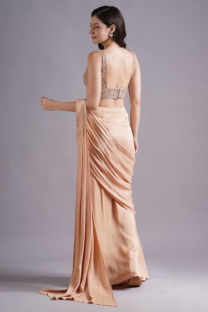 Nude Crepe Satin Ruched Wedding Saree Set by Maisolos at Pernia's Pop Up Shop