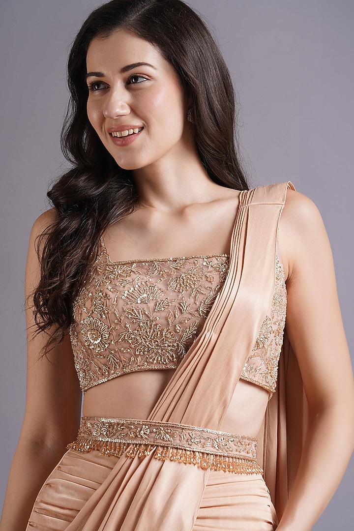 Nude Crepe Satin Ruched Wedding Saree Set by Maisolos at Pernia's Pop Up Shop