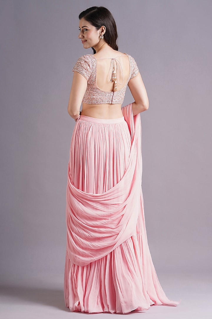 Pink Georgette Draped Wedding Saree Set by Maisolos at Pernia's Pop Up Shop