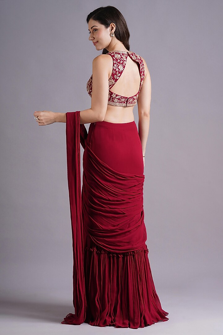 Maroon Georgette Tiered Wedding Saree Set by Maisolos at Pernia's Pop Up Shop