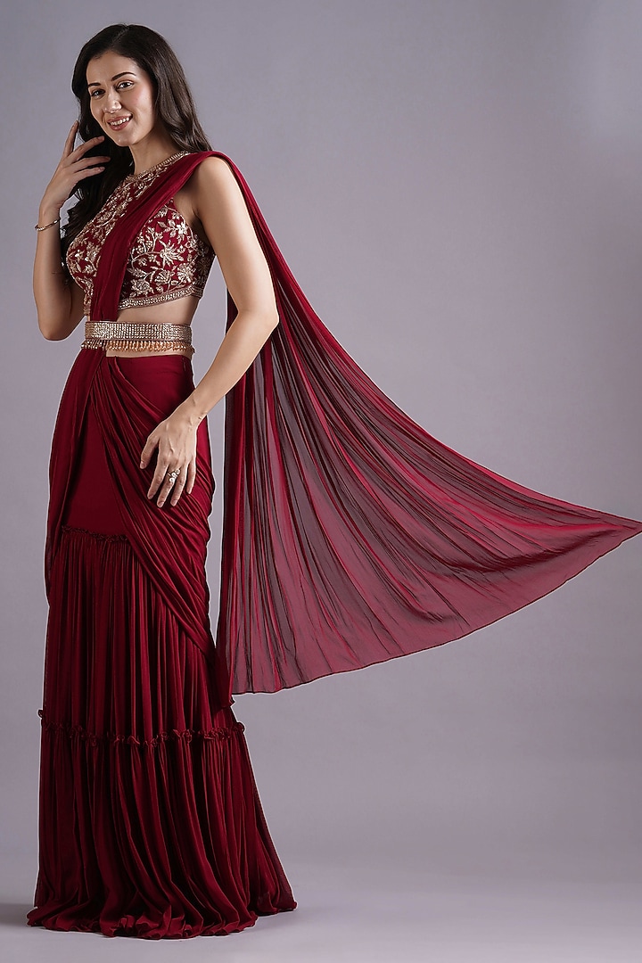 Maroon Georgette Tiered Wedding Saree Set by Maisolos at Pernia's Pop Up Shop