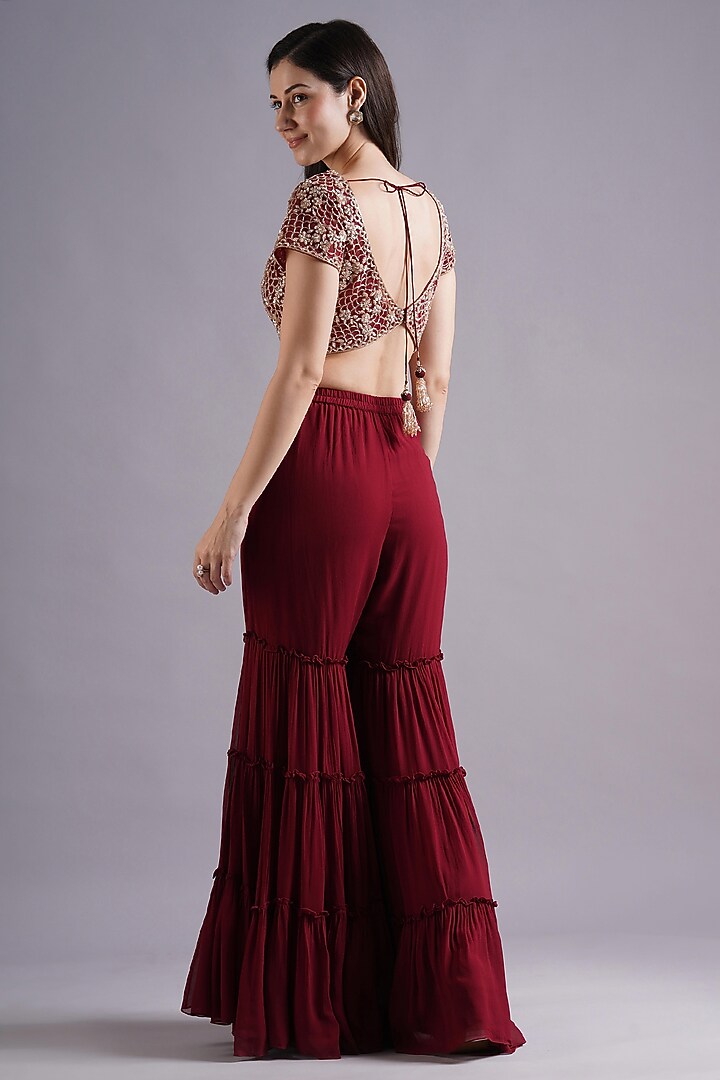 Maroon Georgette Wedding Sharara Set by Maisolos at Pernia's Pop Up Shop