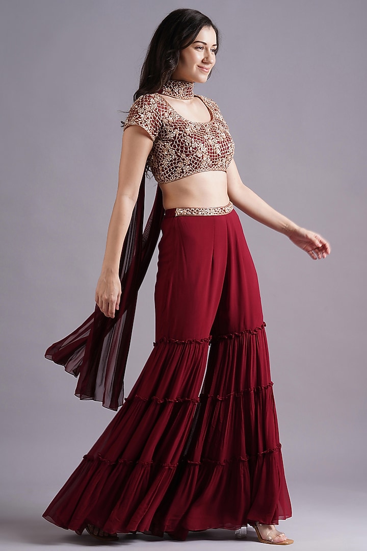 Maroon Georgette Wedding Sharara Set by Maisolos at Pernia's Pop Up Shop