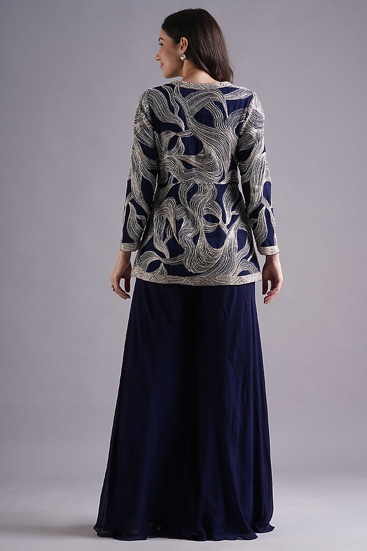 Navy Georgette Hand & Machine Embroidered Peplum Jacket Set by Maisolos at Pernia's Pop Up Shop