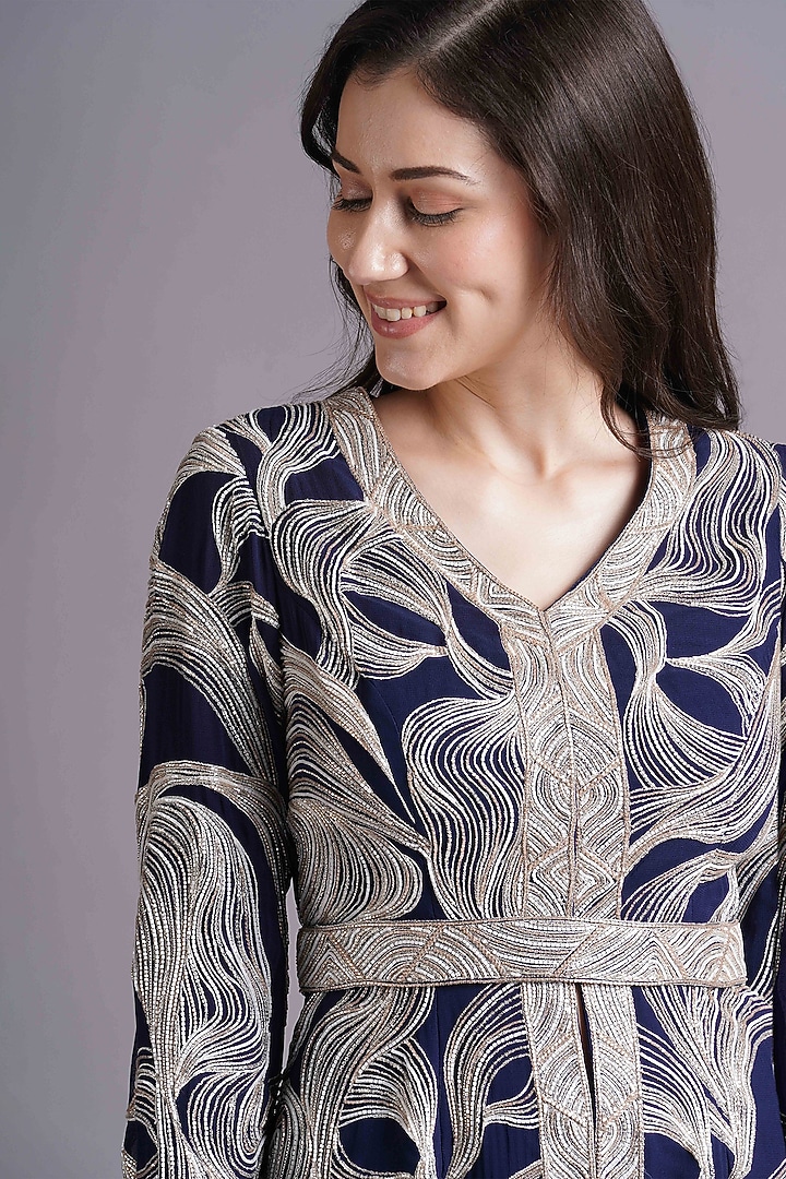 Navy Georgette Hand & Machine Embroidered Peplum Jacket Set by Maisolos at Pernia's Pop Up Shop