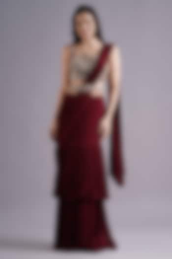 Maroon Georgette Double Layered Draped Wedding Saree Set by Maisolos at Pernia's Pop Up Shop