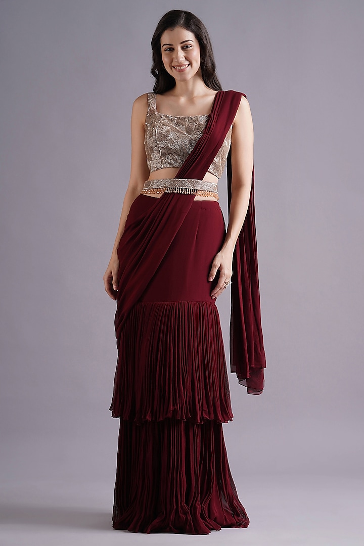 Maroon Georgette Double Layered Draped Wedding Saree Set by Maisolos at Pernia's Pop Up Shop