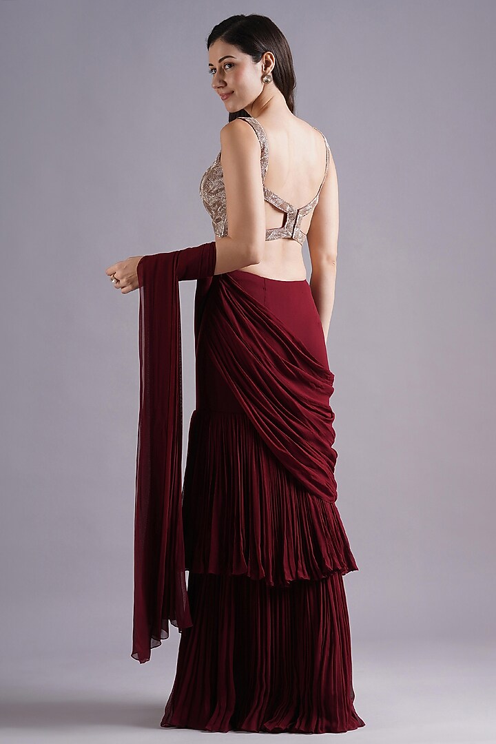 Maroon Georgette Double Layered Draped Wedding Saree Set by Maisolos at Pernia's Pop Up Shop