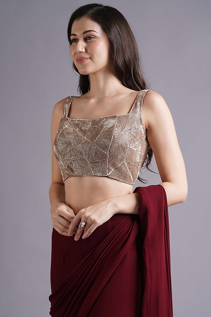 Maroon Georgette Double Layered Draped Wedding Saree Set by Maisolos at Pernia's Pop Up Shop