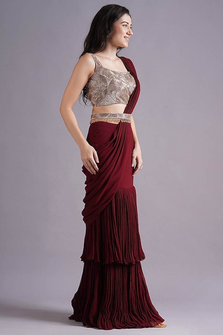 Maroon Georgette Double Layered Draped Wedding Saree Set by Maisolos at Pernia's Pop Up Shop