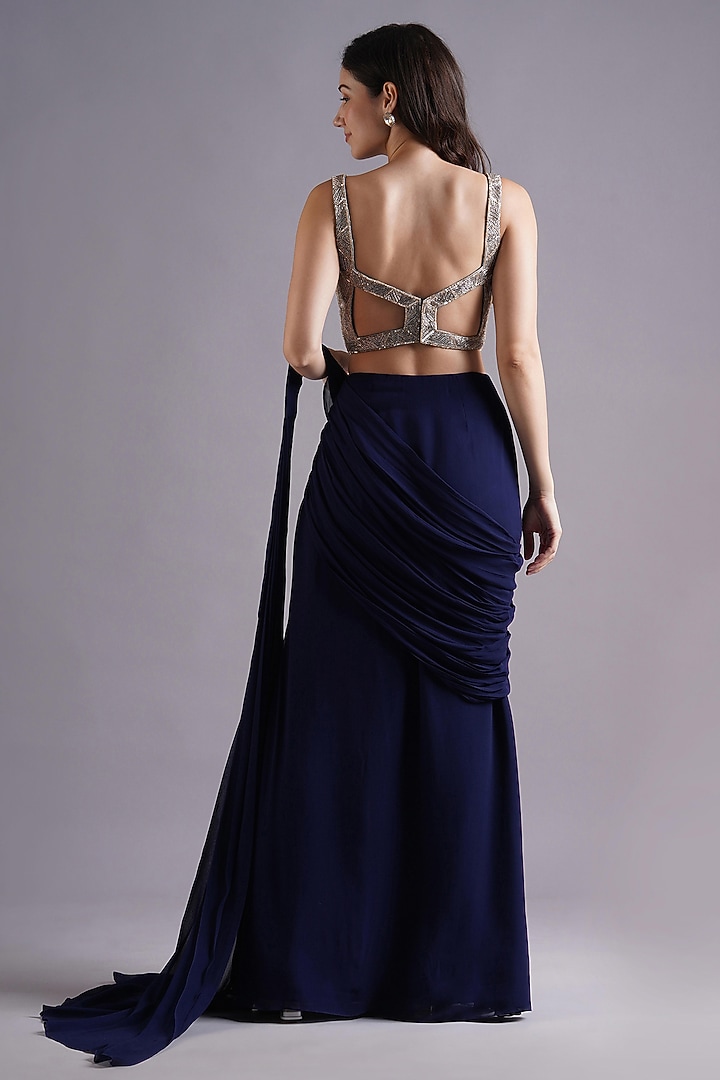 Navy Georgette Ruched Wedding Saree Set by Maisolos at Pernia's Pop Up Shop