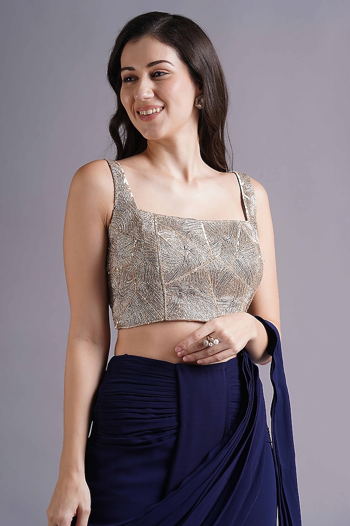 Navy Georgette Ruched Wedding Saree Set by Maisolos at Pernia's Pop Up Shop