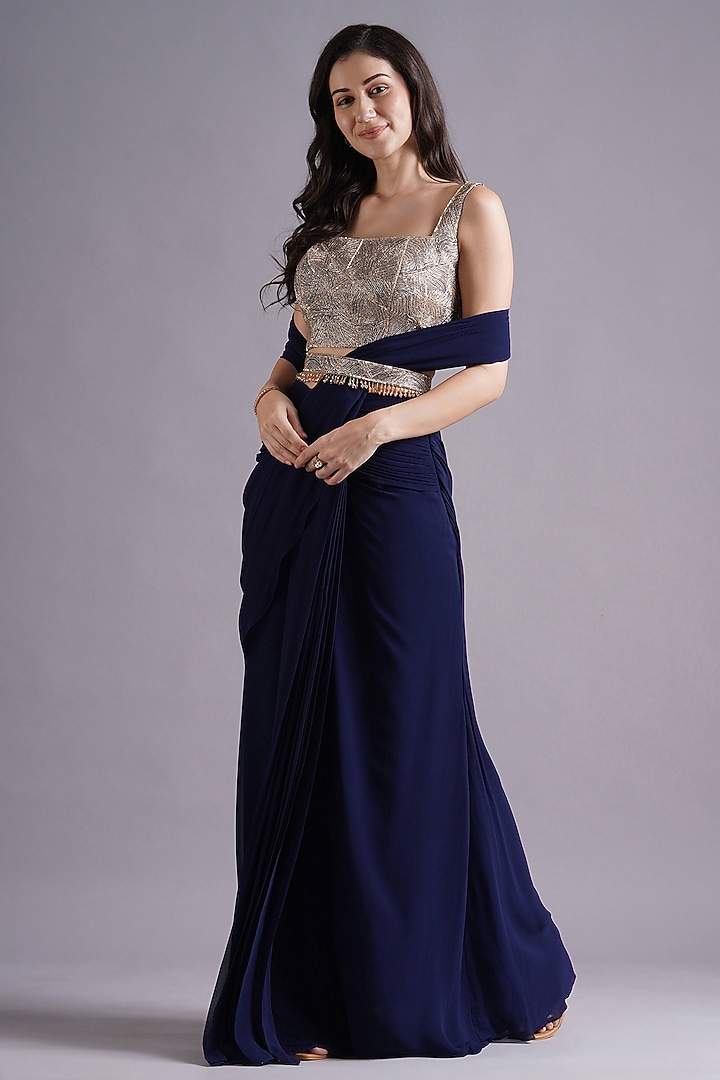 Navy Georgette Ruched Wedding Saree Set by Maisolos at Pernia's Pop Up Shop