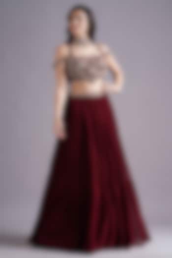 Maroon Georgette Gathered Skirt Set by Maisolos at Pernia's Pop Up Shop