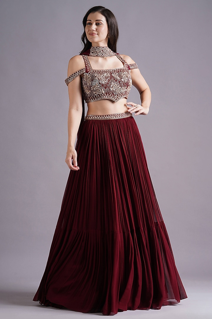 Maroon Georgette Gathered Skirt Set by Maisolos at Pernia's Pop Up Shop