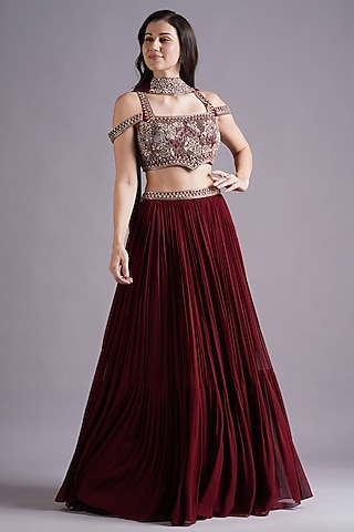 Maroon Georgette Gathered Skirt Set by Maisolos
