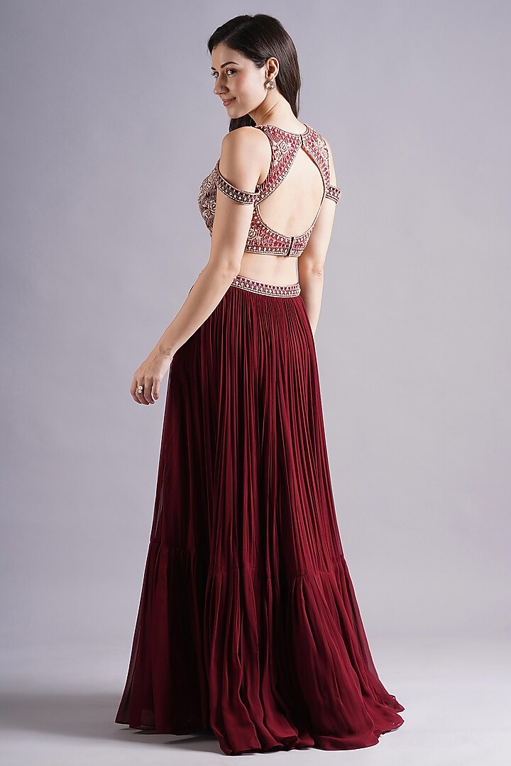 Maroon Georgette Gathered Skirt Set by Maisolos at Pernia's Pop Up Shop