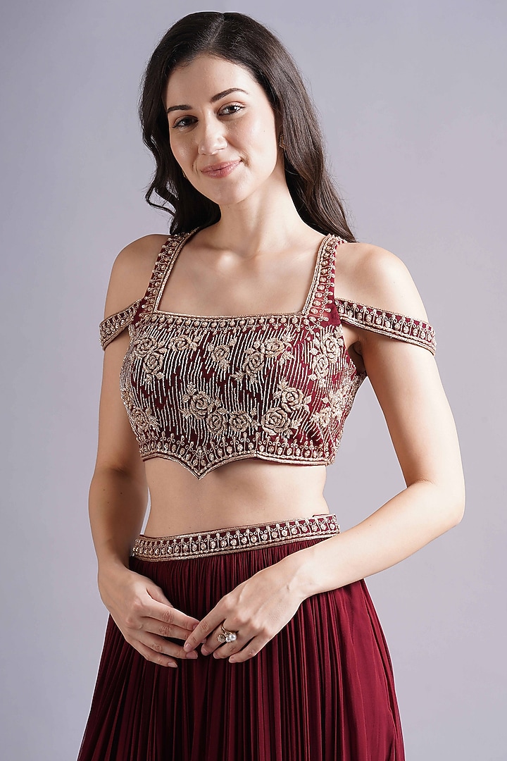 Maroon Georgette Gathered Skirt Set by Maisolos at Pernia's Pop Up Shop