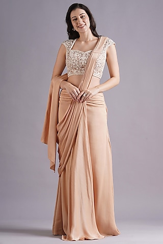 Nude Crepe Satin Ruched Saree Set by Maisolos