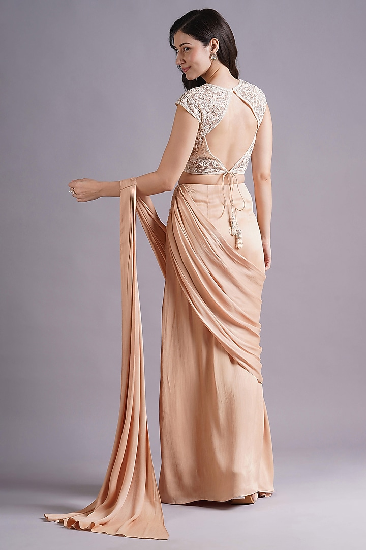 Nude Crepe Satin Ruched Wedding Saree Set by Maisolos at Pernia's Pop Up Shop