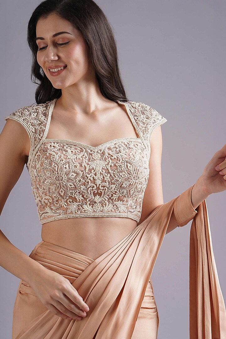Nude Crepe Satin Ruched Wedding Saree Set by Maisolos at Pernia's Pop Up Shop