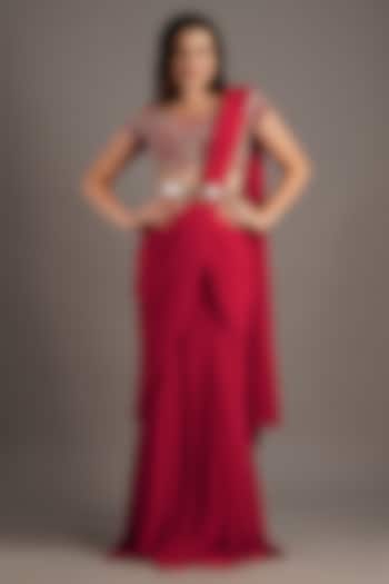Cherry Red Georgette Mermaid Draped Wedding Saree Set by Maisolos at Pernia's Pop Up Shop