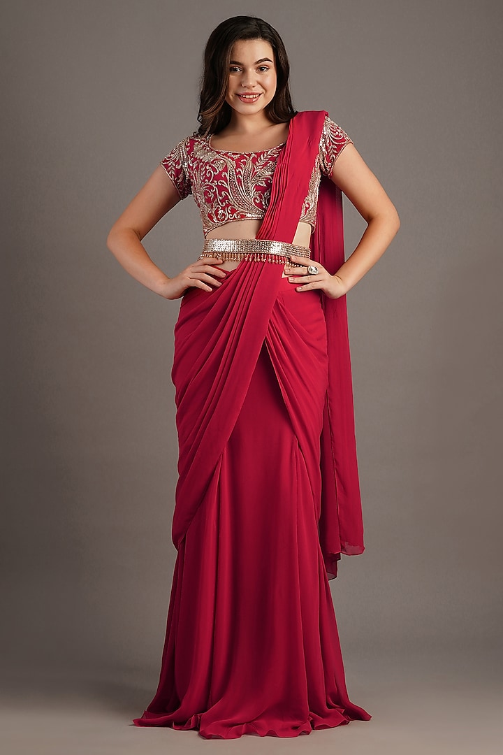 Cherry Red Georgette Mermaid Draped Wedding Saree Set by Maisolos at Pernia's Pop Up Shop