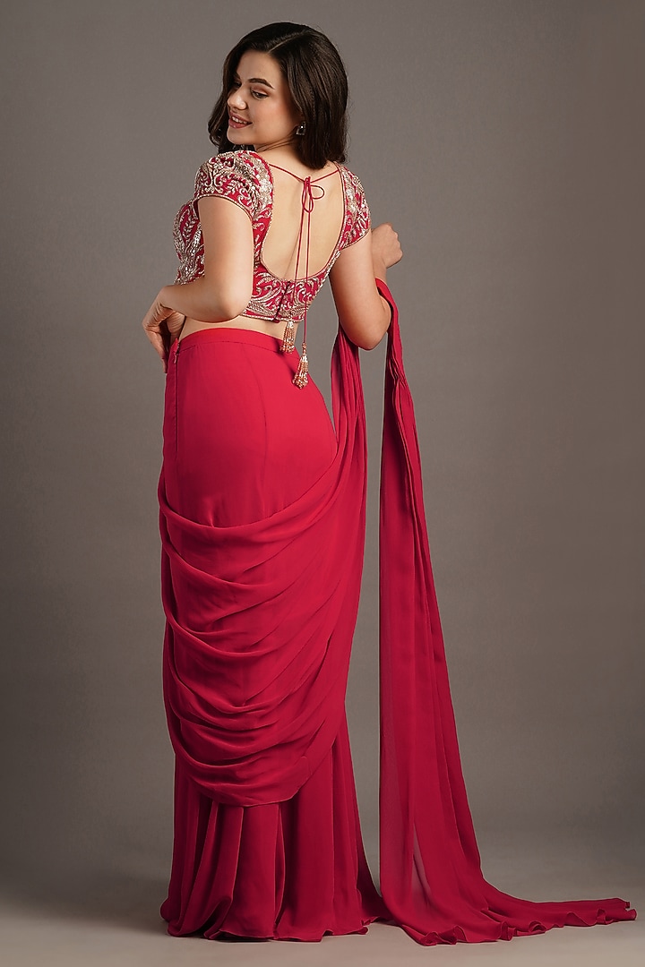 Cherry Red Georgette Mermaid Draped Wedding Saree Set by Maisolos at Pernia's Pop Up Shop