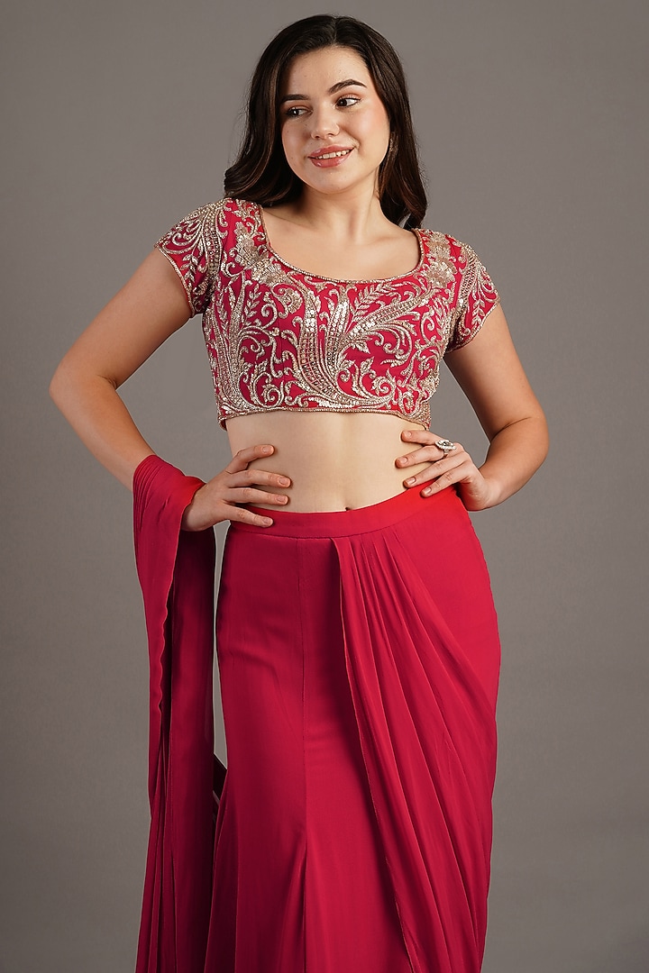 Cherry Red Georgette Mermaid Draped Wedding Saree Set by Maisolos at Pernia's Pop Up Shop