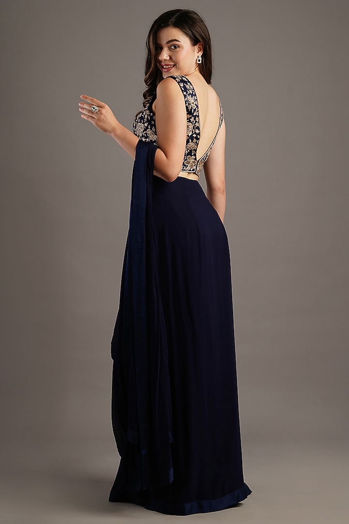 Navy Modal Satin Pre-Stitched Wedding Saree Set by Maisolos at Pernia's Pop Up Shop