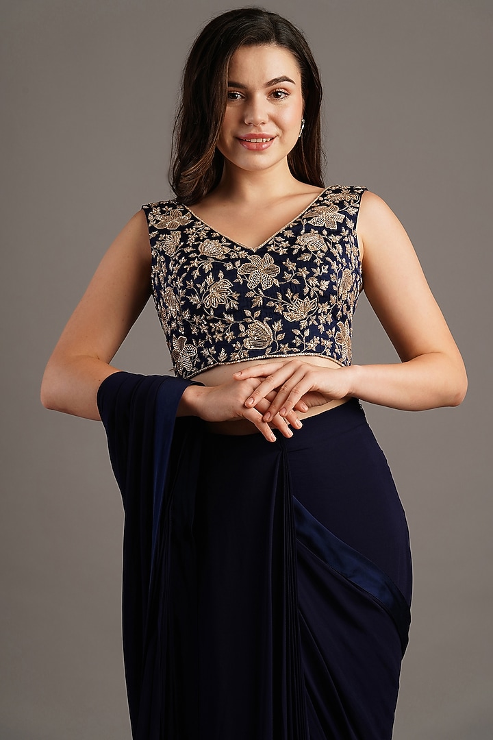 Navy Modal Satin Pre-Stitched Wedding Saree Set by Maisolos at Pernia's Pop Up Shop