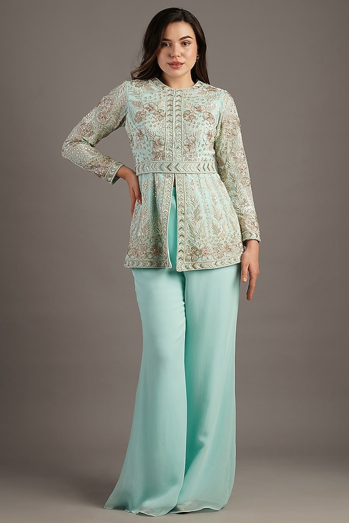 Powder Blue Georgette Bridal Sharara Set by Maisolos at Pernia's Pop Up Shop
