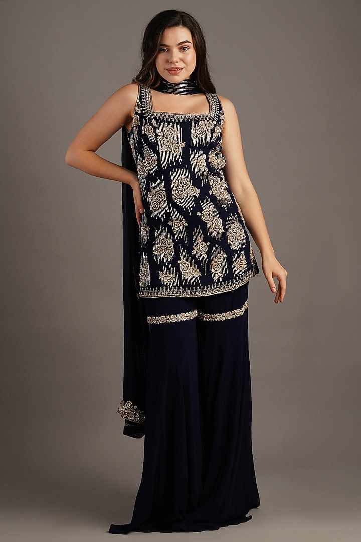 Navy Georgette Wedding Sharara Set by Maisolos at Pernia's Pop Up Shop