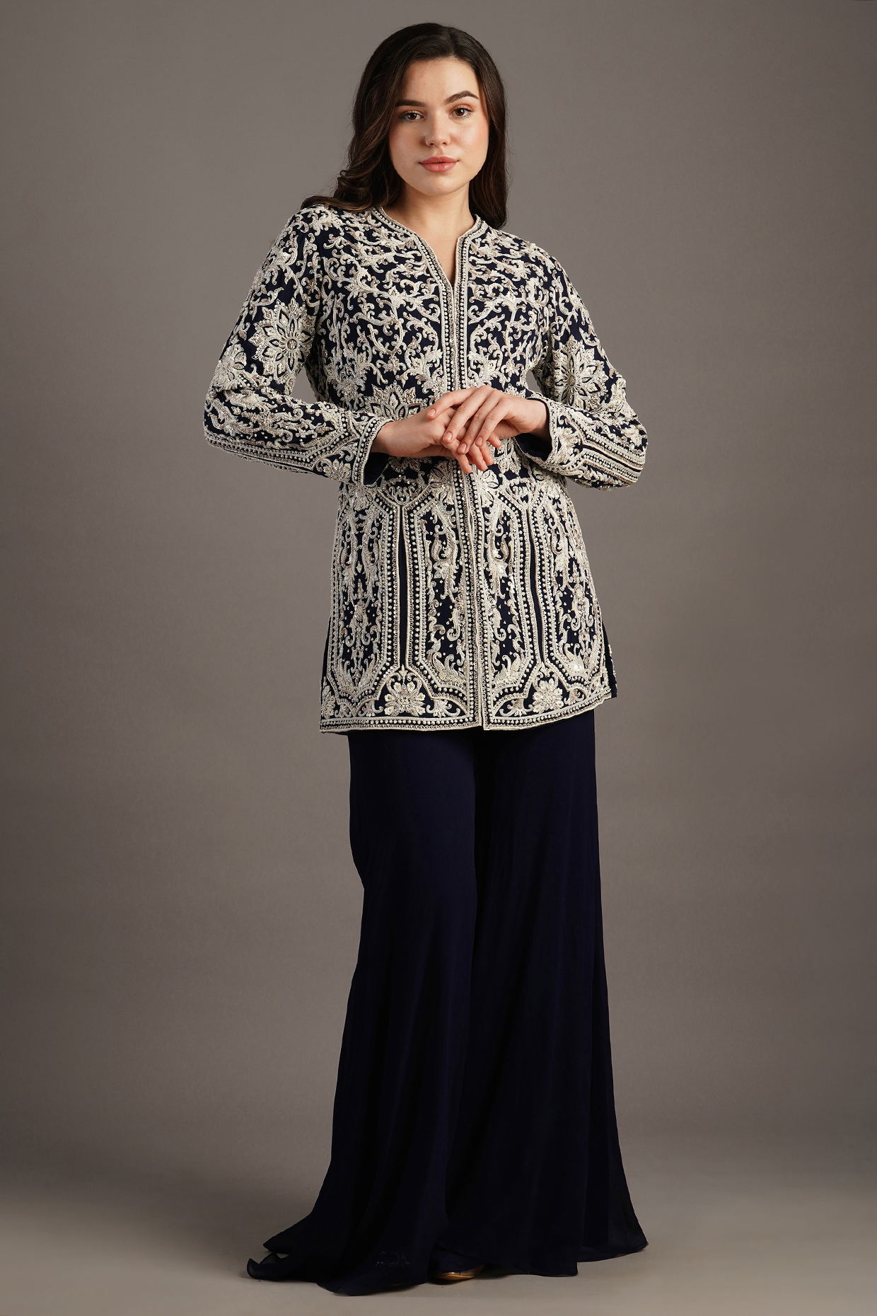 Navy Georgette Flared Pant Set by Maisolos at Pernia's Pop Up Shop