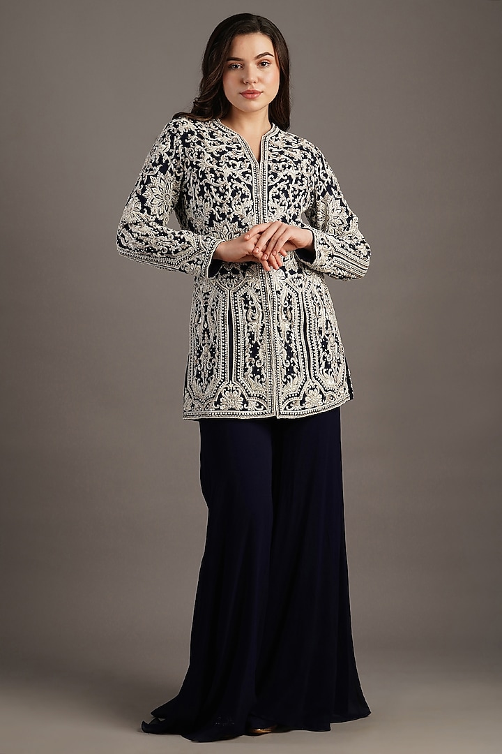 Navy Georgette Flared Pant Set by Maisolos at Pernia's Pop Up Shop