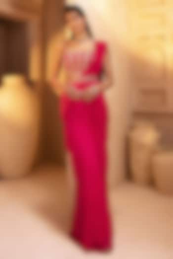 Fuchsia Pink Georgette Draped Wedding Saree Set by Maisolos at Pernia's Pop Up Shop