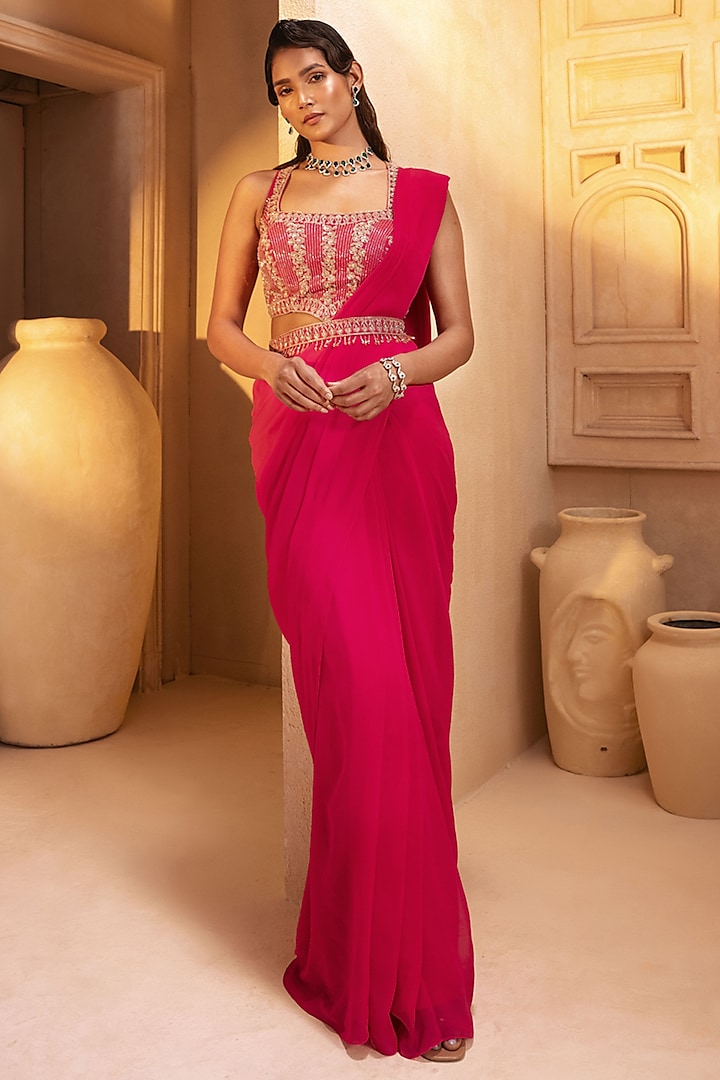 Fuchsia Pink Georgette Draped Wedding Saree Set by Maisolos at Pernia's Pop Up Shop