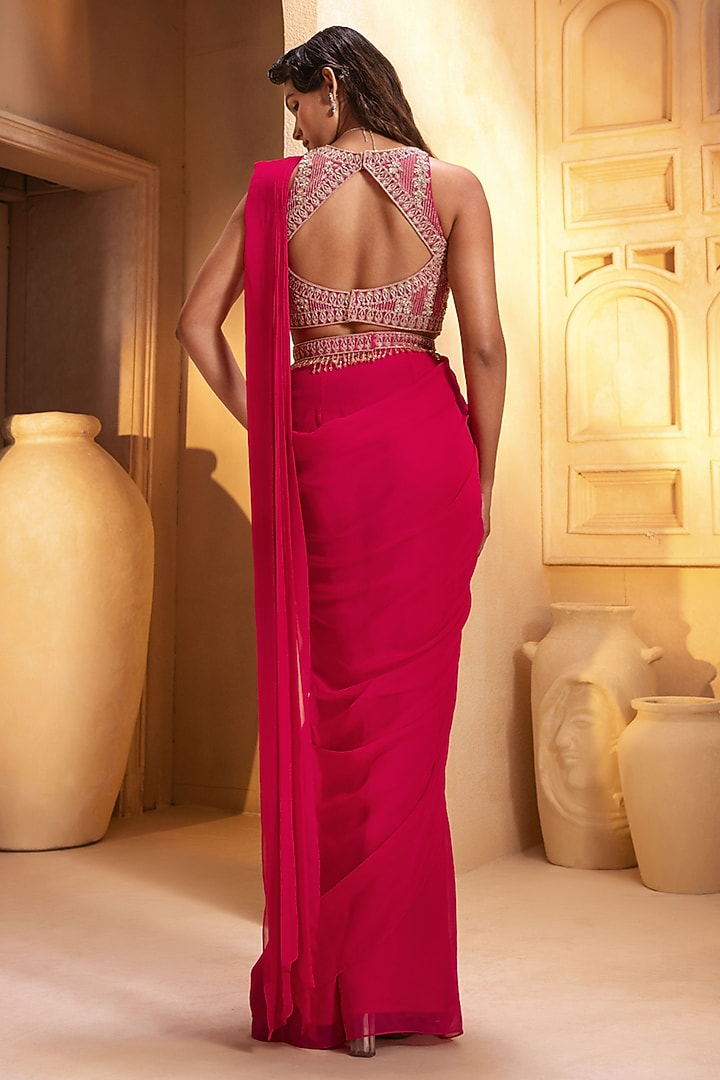 Fuchsia Pink Georgette Draped Wedding Saree Set by Maisolos at Pernia's Pop Up Shop