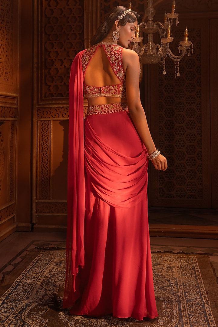 Red Georgette Draped Wedding Saree Set by Maisolos at Pernia's Pop Up Shop
