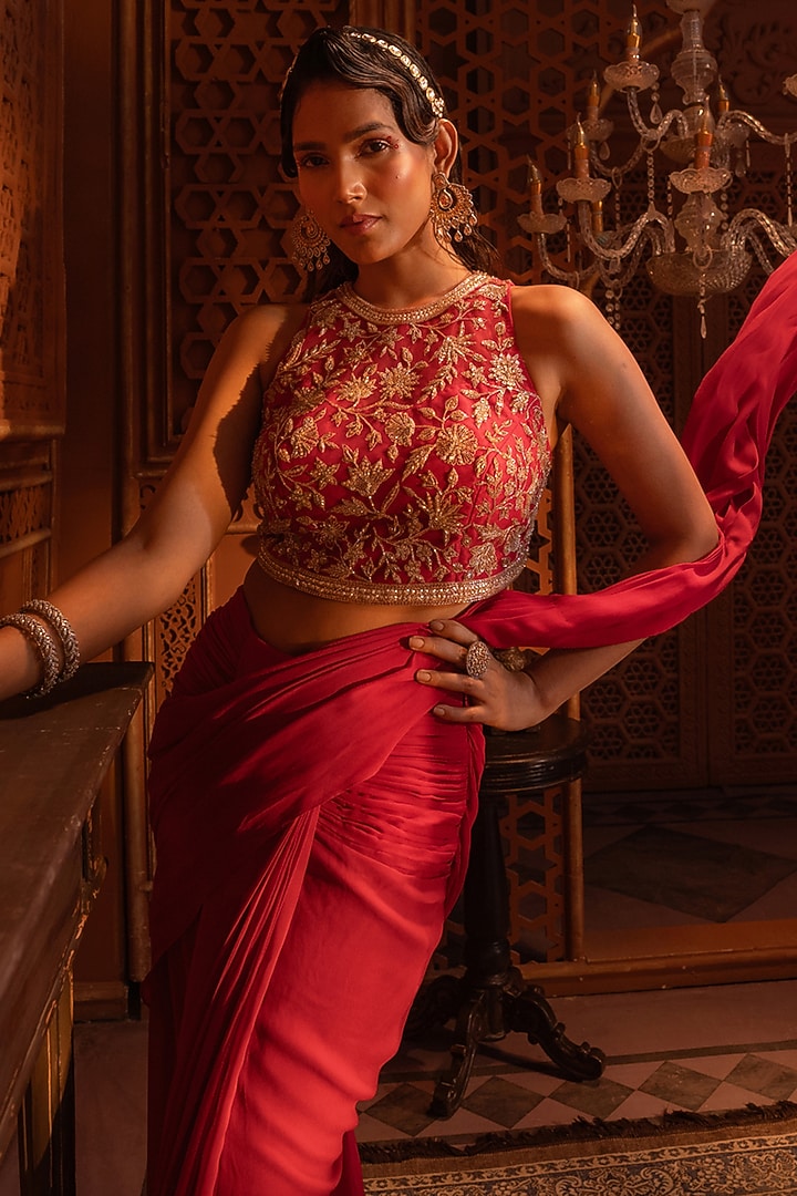 Red Georgette Draped Wedding Saree Set by Maisolos at Pernia's Pop Up Shop