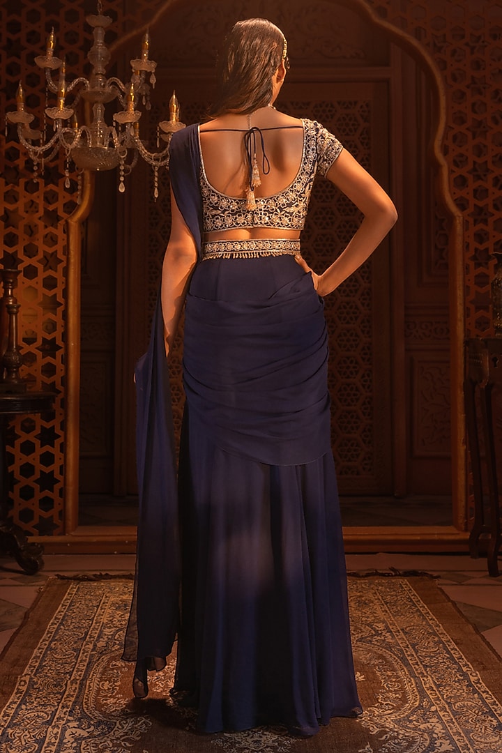 Navy Blue Georgette Draped Wedding Saree Set by Maisolos at Pernia's Pop Up Shop