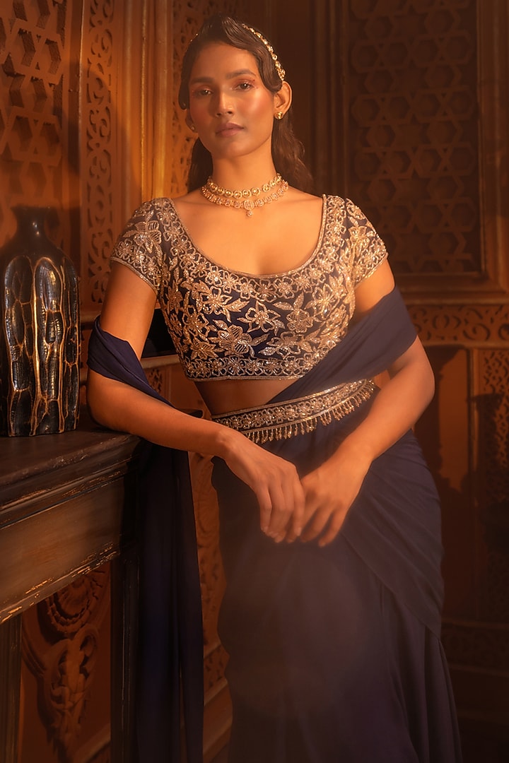 Navy Blue Georgette Draped Wedding Saree Set by Maisolos at Pernia's Pop Up Shop