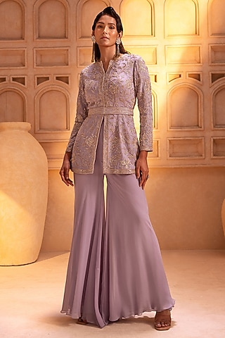 Lilac Georgette Hand Embroidered Peplum Jacket Set by Maisolos