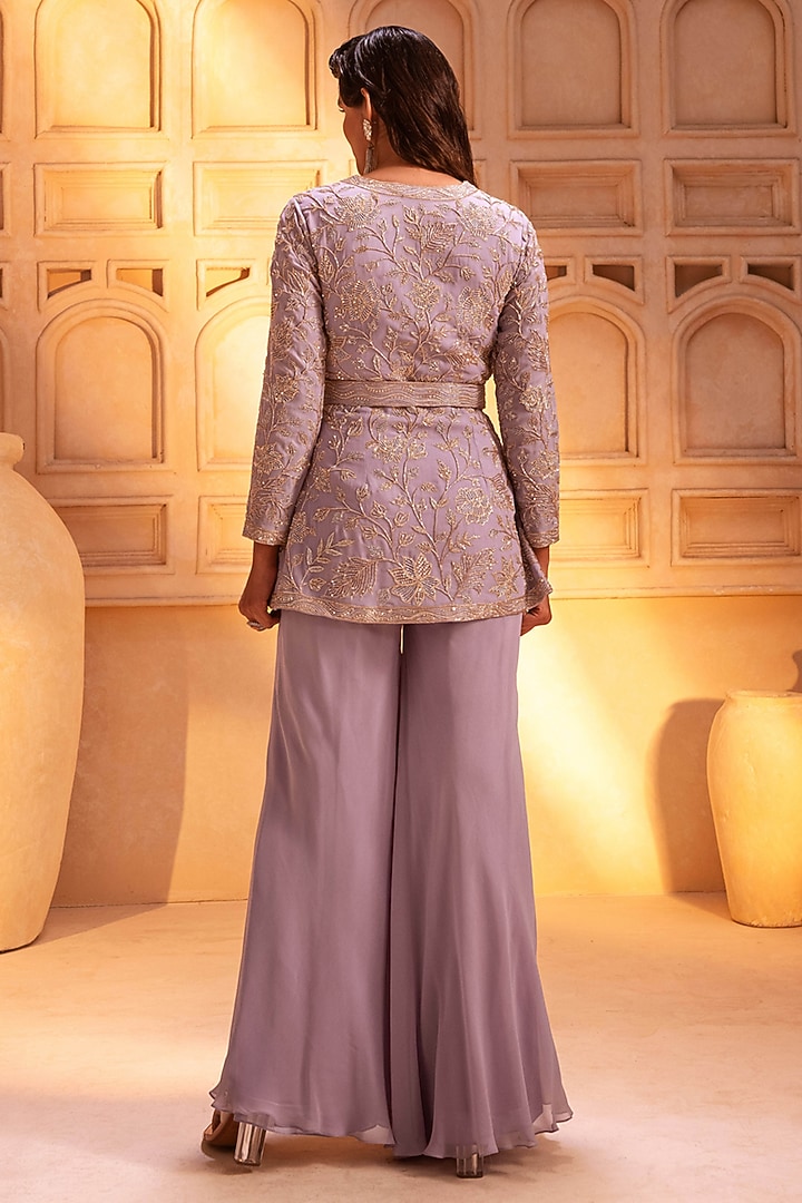 Lilac Georgette Hand Embroidered Peplum Jacket Set by Maisolos at Pernia's Pop Up Shop