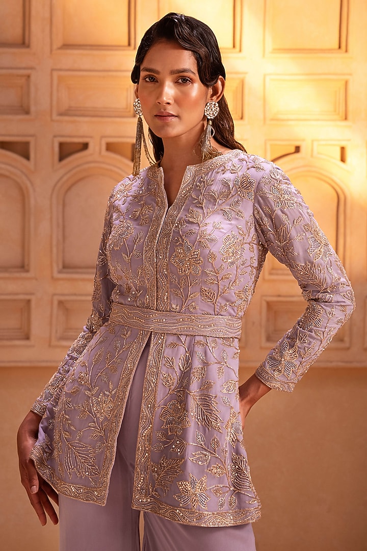 Lilac Georgette Hand Embroidered Peplum Jacket Set by Maisolos at Pernia's Pop Up Shop