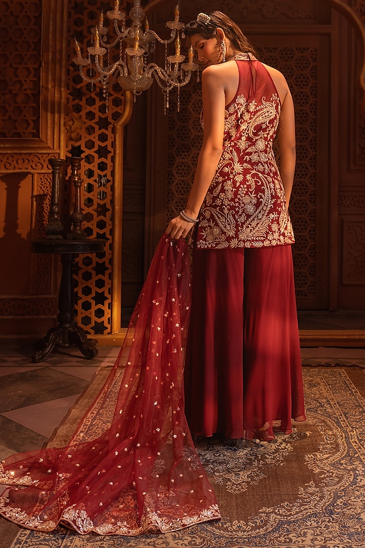 Maroon Georgette Bridal Sharara Set by Maisolos at Pernia's Pop Up Shop