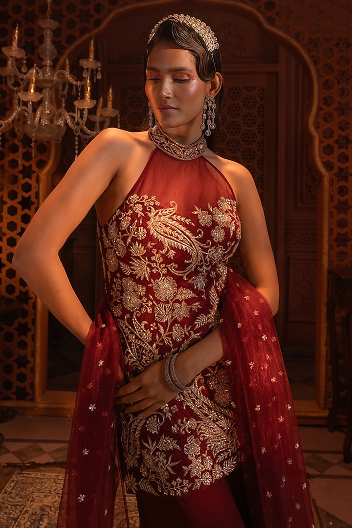 Maroon Georgette Bridal Sharara Set by Maisolos at Pernia's Pop Up Shop