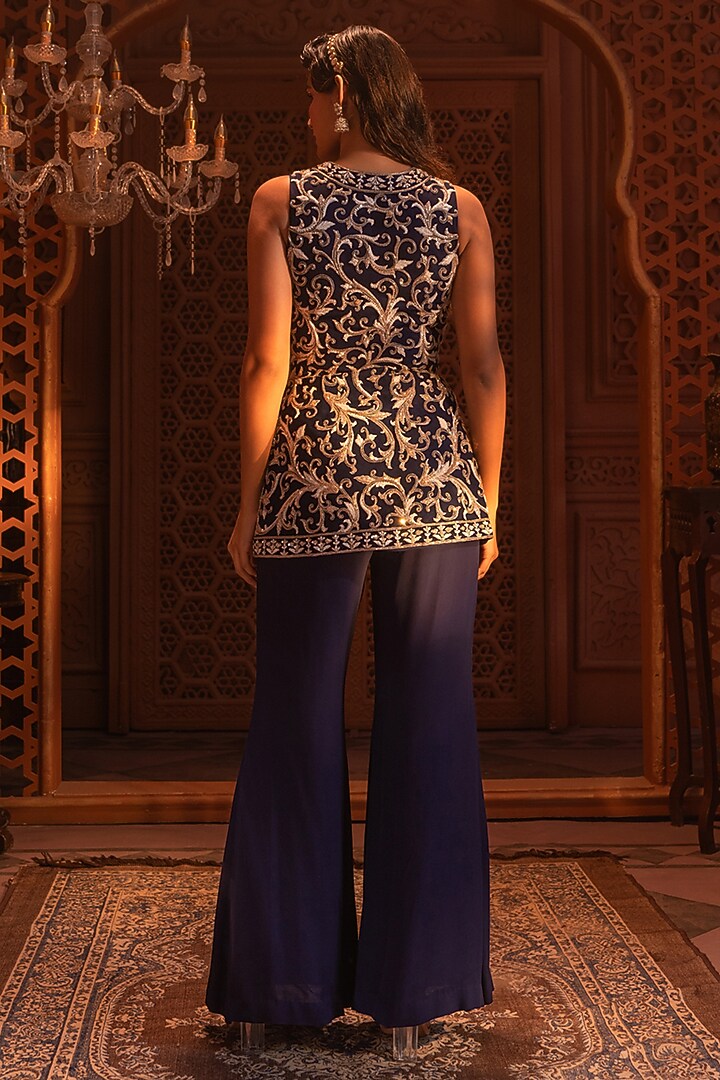 Navy Blue Georgette Hand & Machine Embroidered Jacket Set by Maisolos at Pernia's Pop Up Shop