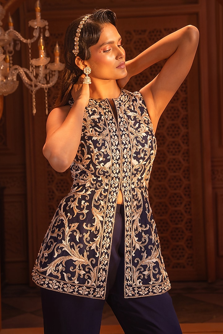 Navy Blue Georgette Hand & Machine Embroidered Jacket Set by Maisolos at Pernia's Pop Up Shop