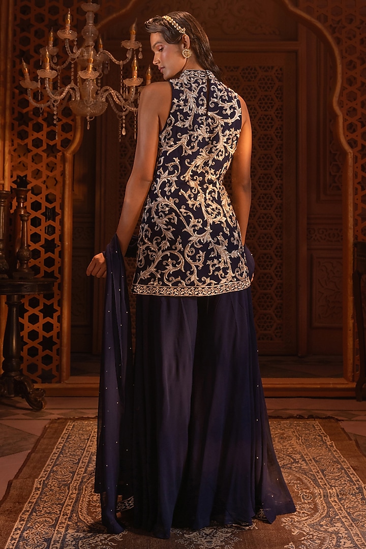 Navy Blue Georgette Wedding Sharara Set by Maisolos at Pernia's Pop Up Shop